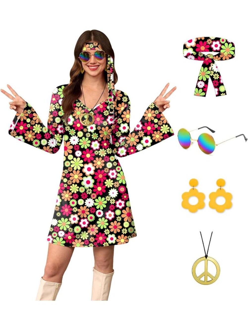 Women's Black Floral 70s Hippie Halloween Costume Sunglasses Dress 5-Piece Set